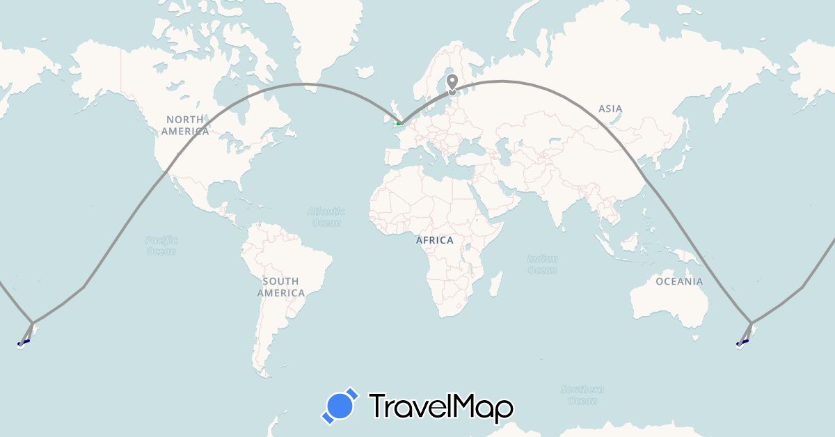 TravelMap itinerary: driving, bus, plane in Cook Islands, China, Finland, United Kingdom, New Zealand, United States (Asia, Europe, North America, Oceania)